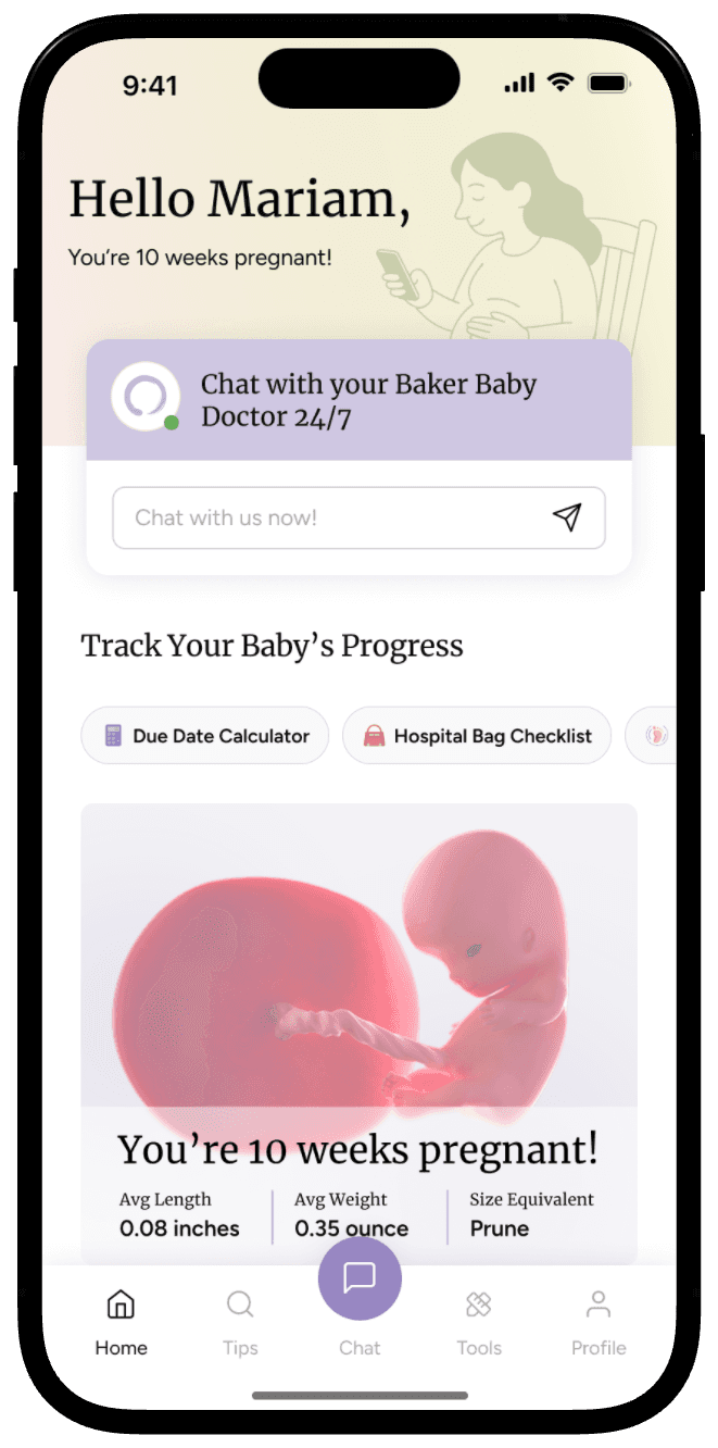 Baker Baby app home screen with 24/7 doctor chat and weekly pregnancy progress